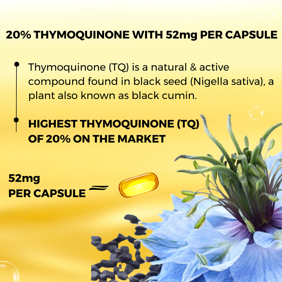Black Seed Oil Capsules 720mg With 20%Thymoquinone - 52mg per Capsule, Cold Pressed, Extra Virgin! Vegetarian Capsule HPMC